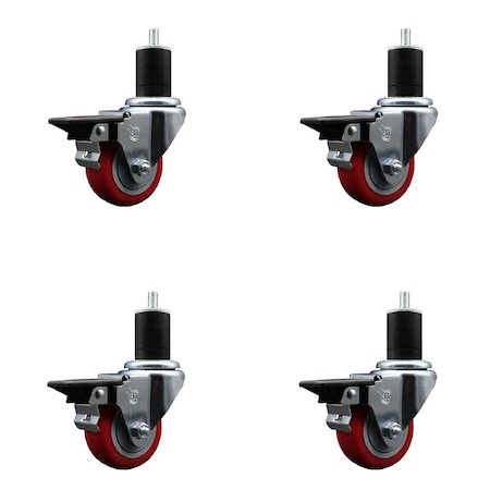 Service Caster 3'' Red Poly Swivel 1-3/4'' Expanding Stem Caster Set with Brake, 4PK SCC-EX20S314-PPUB-RED-PLB-134-4